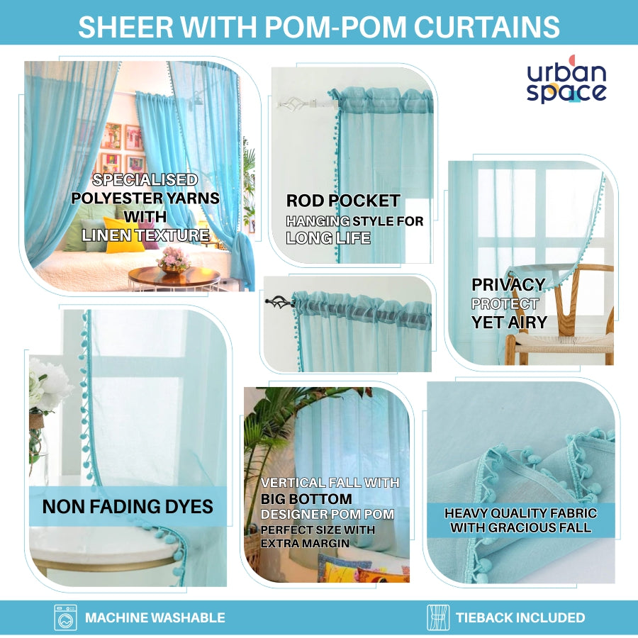 Sheer Curtain for Living Room with linen texture, Net Curtain for balcony, Pack of 2 Curtains - Aqua Blue with pom pom