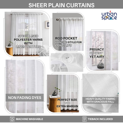 Linen textured  Sheer Curtain for Living Room , Curtain for Bedroom, Readymade Curtain, Pack of 2 Curtains - White Stripe
