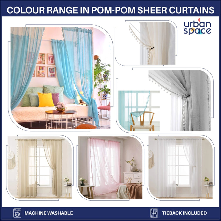 Sheer Curtain for Living Room with linen texture, Net Curtain for balcony, Pack of 2 Curtains - Aqua Blue with pom pom