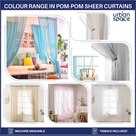 Sheer Curtain for Living Room with linen texture, Net Curtain for balcony, Pack of 2 Curtains - Taupe with pom pom
