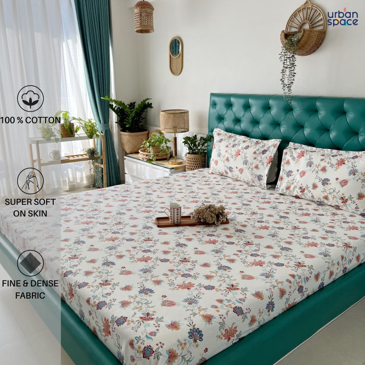 Fitted King Size Cotton Bedsheet - Paradise Peach & Blue