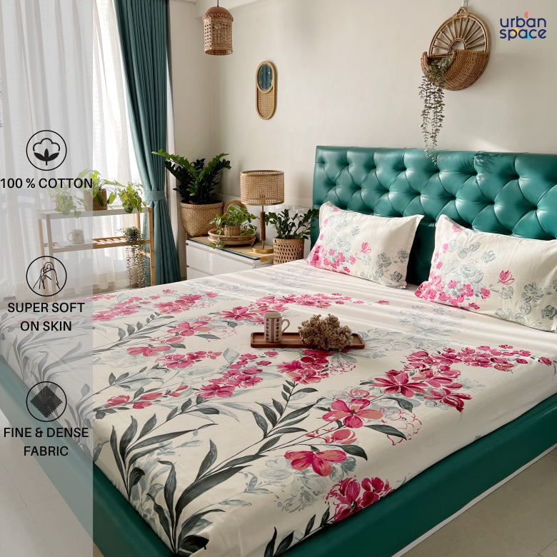Serene 200 TC 100% Cotton Printed Single / Double/ King Bedsheet with Pillow Covers, Majestic Pink