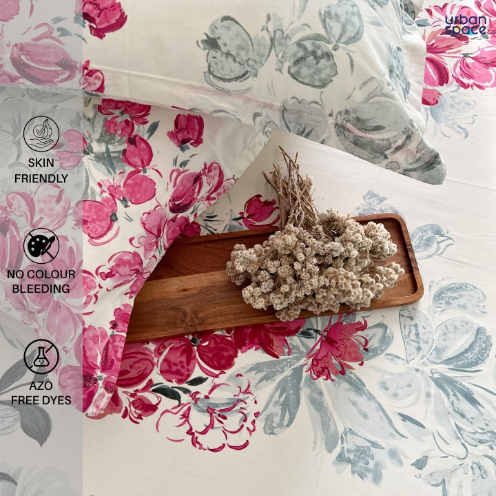 Serene 200 TC 100% Cotton Printed Single / Double/ King Bedsheet with Pillow Covers, Majestic Pink