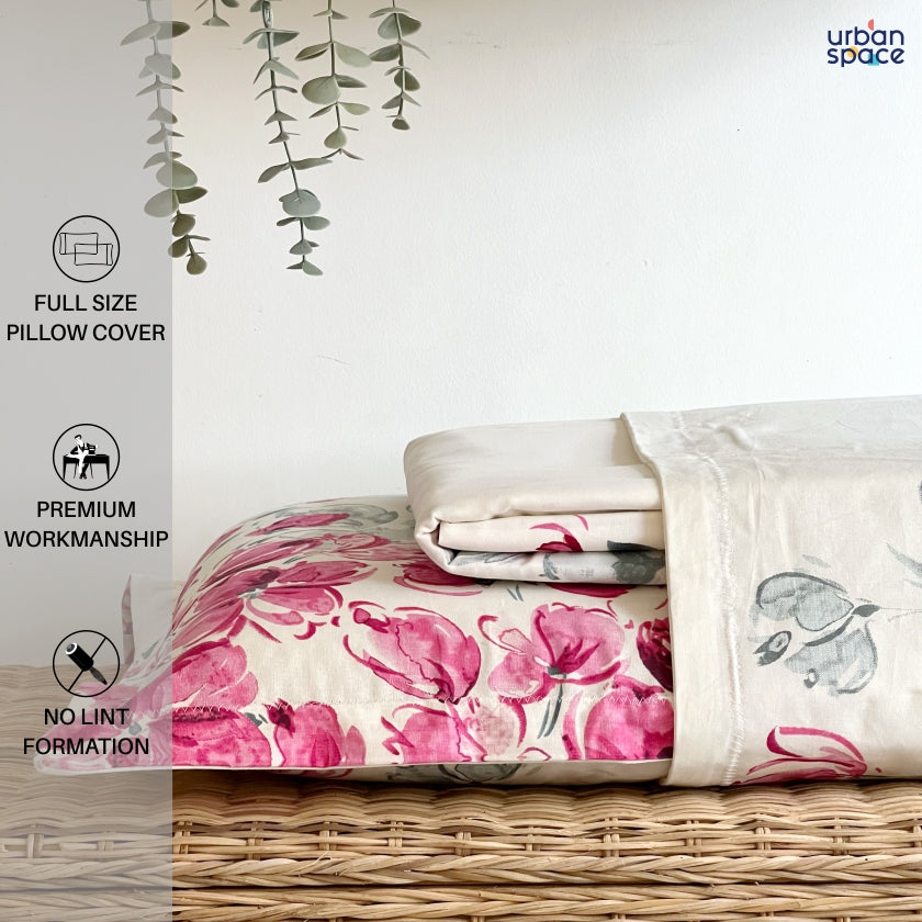 Serene 200 TC 100% Cotton Printed Single / Double/ King Bedsheet with Pillow Covers, Majestic Pink