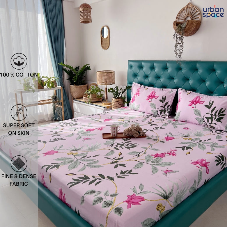 Serene 200 TC 100% Cotton Printed Single / Double/ King Bedsheet with Pillow Covers, Bloom Ray Pink