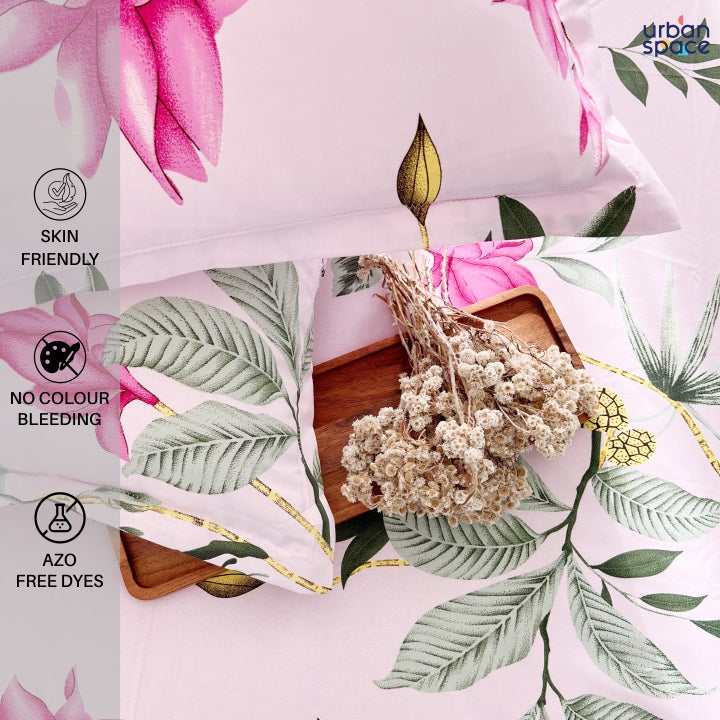 Serene 200 TC 100% Cotton Printed Single / Double/ King Bedsheet with Pillow Covers, Bloom Ray Pink
