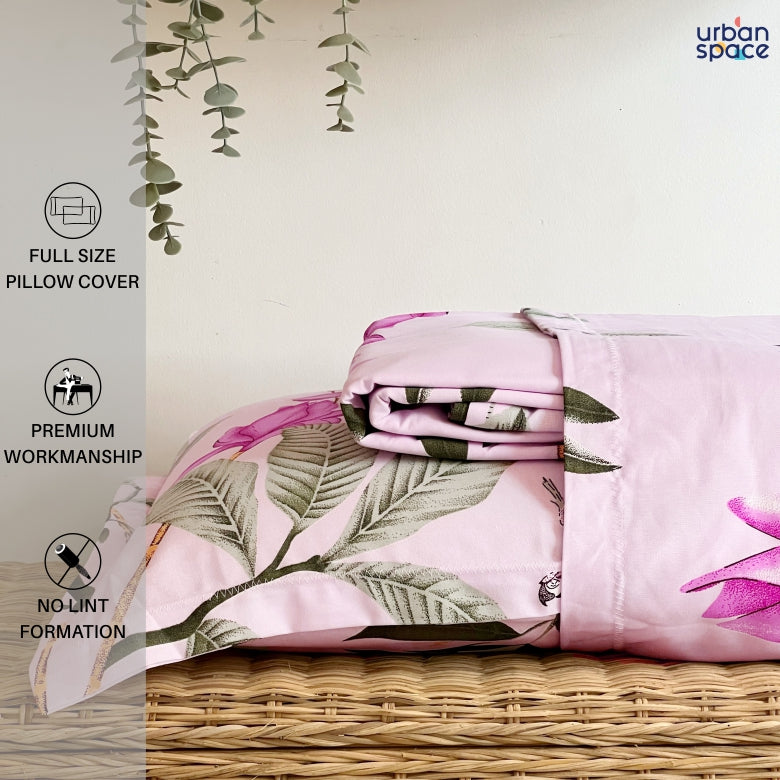 Serene 200 TC 100% Cotton Printed Single / Double/ King Bedsheet with Pillow Covers, Bloom Ray Pink