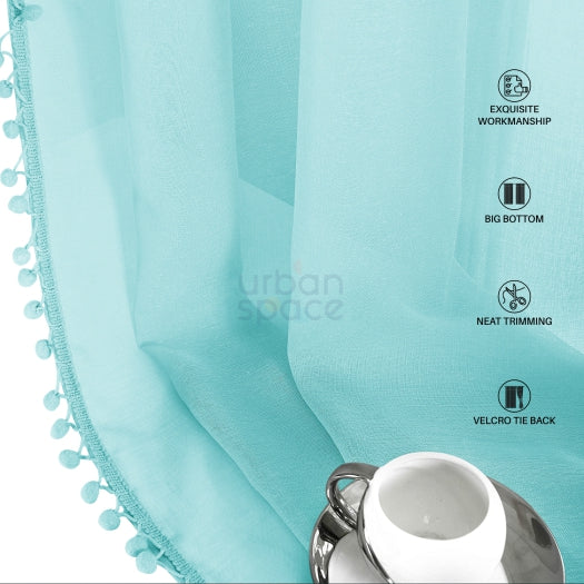 Sheer Curtain for Living Room with linen texture, Net Curtain for balcony, Pack of 2 Curtains - Aqua Blue with pom pom