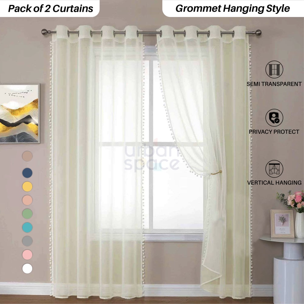 Sheer Curtain for Living Room with linen texture, Net Curtain for balcony, Pack of 2 Curtains -Butter cream with pom pom